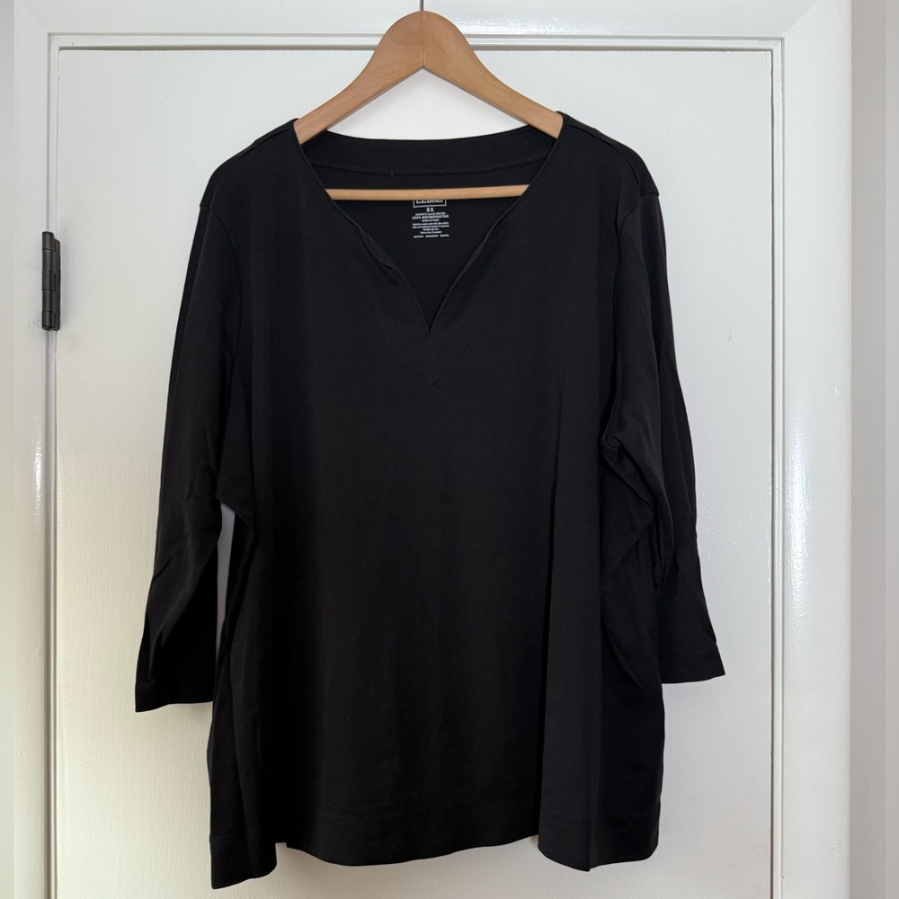 LL Bean Solid Black Supima Cotton Pullover Split Neck 3/4 Sleeve Plus Size 3X